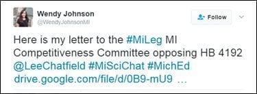 @WendyJohnsonMI: Here is my letter to the #MiLeg MI Competitiveness Committee opposing HB 4192 @LeeChatfield #MiSciChat #MichEd https://t.co/JZmmJn4uIK