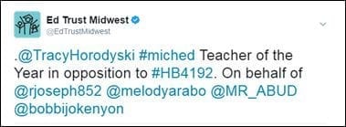 @EdTrustMidwest: .@TracyHorodyski #miched Teacher of the Year in opposition to #HB4192. On behalf of @rjoseph852 @melodyarabo @MR_ABUD @bobbijokenyon