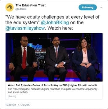 @EdTrust: “We have equity challenges at every level of the edu system” @JohnBKing on the @tavissmileyshow. Watch here: https://t.co/lKUeMqZVFV