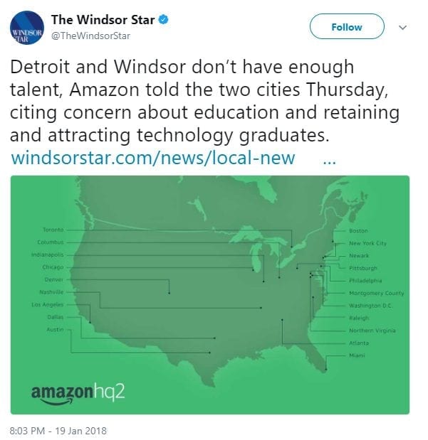 Detroit and Windsor don’t have enough talent, Amazon told the two cities Thursday, citing concern about education and retaining and attracting technology graduates. http://windsorstar.com/news/local-news/jarvis-a-losing-bid-but-an-invaluable-one?utm_term=Autofeed&utm_campaign=Echobox&utm_medium=Social&utm_source=Twitter#link_time=1516409591 …