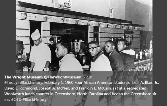 #TodayInBlackHistory: February 1, 1960 Four African American students, Ezell A. Blair, Jr., David L. Richmond, Joseph A. McNeil, and Franklin E. McCain, sat at a segregated Woolworth lunch counter in Greensboro, North Carolina and began the Greensboro sit-ins. #OTD #BlackHistory