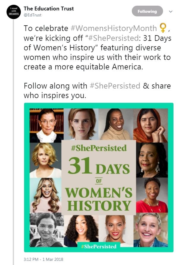 .@edtrust: To celebrate #WomensHistoryMonth , we’re kicking off “#ShePersisted: 31 Days of Women’s History” featuring diverse women who inspire us with their work to create a more equitable America. Follow along with #ShePersisted & share who inspires you.