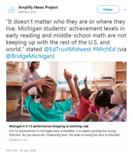 “It doesn’t matter who they are or where they live, Michigan students’ achievement levels in early reading and middle-school math are not keeping up with the rest of the U.S. and world,” stated @EdTrustMidwest #MichEd (via @BridgeMichigan)]
